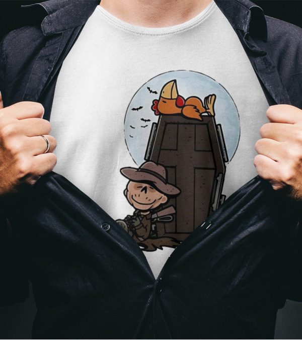 Ghoul And A Chicken From Fallout Peanuts Style Sitting By Coffin Under Moon With Bats T-Shirt