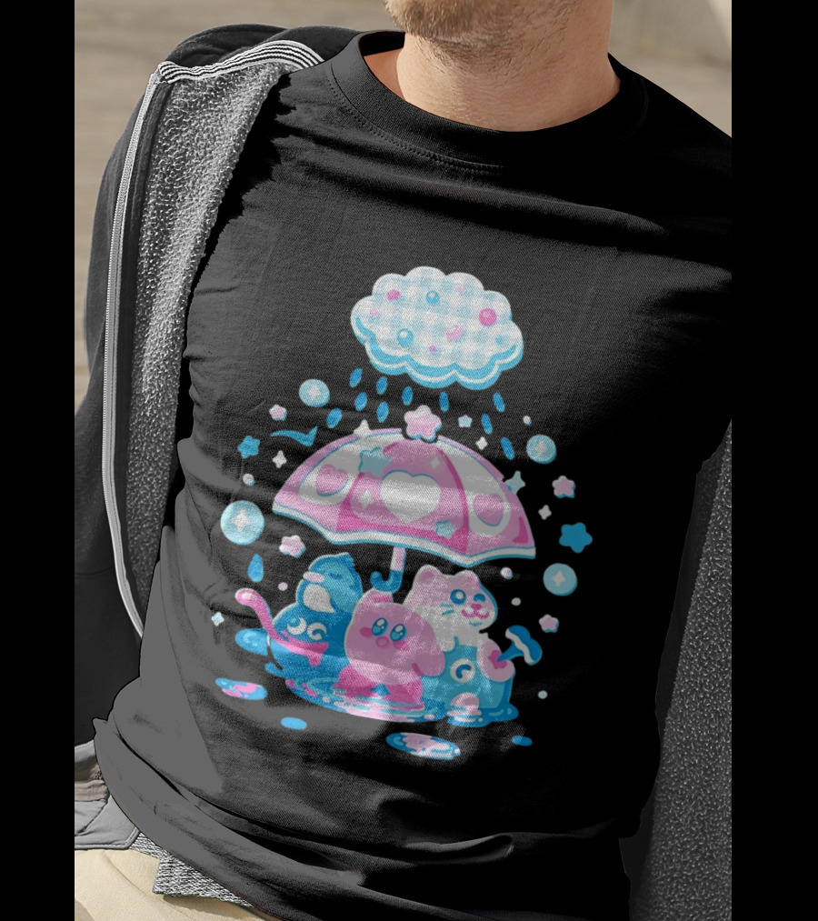 Kirby Gooey And Rick Under Heart Umbrella With Stars And Raindrops T-Shirt