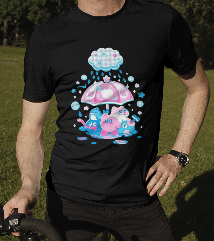 Kirby Gooey And Rick Under Heart Umbrella With Stars And Raindrops T-Shirt