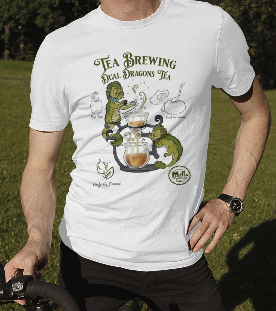 Tea Brewing Dual Dragons Sip Tea Perfectly Steeped Leaf And Kettle T-Shirt