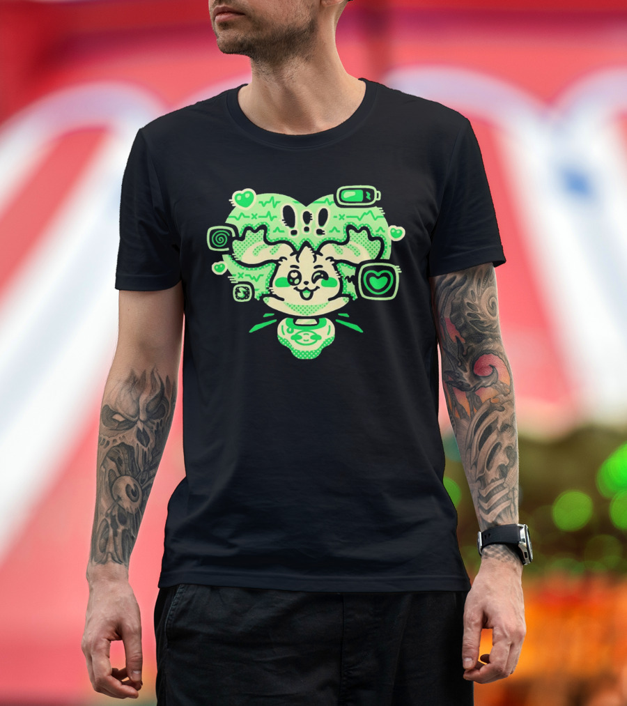 Terriermon Digimon Iconic Green Heartbeat Motif with Digital Symbols T-Shirt