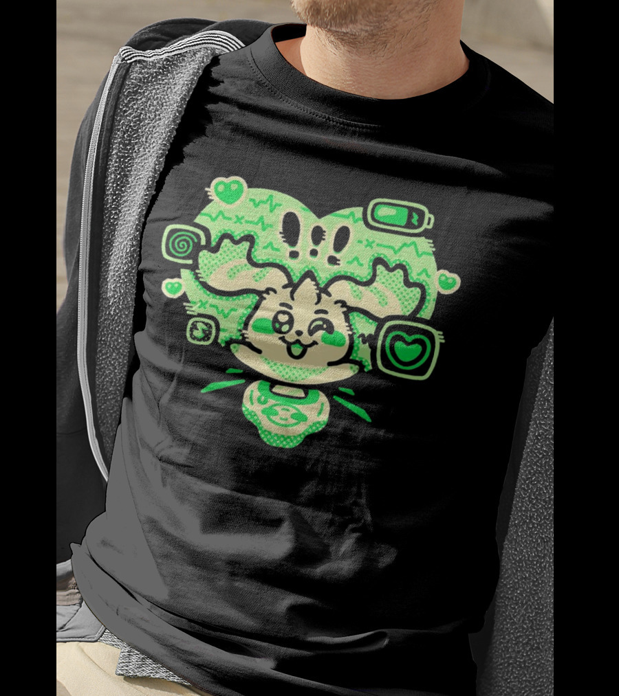 Terriermon Digimon Iconic Green Heartbeat Motif With Digital Symbols T-Shirt