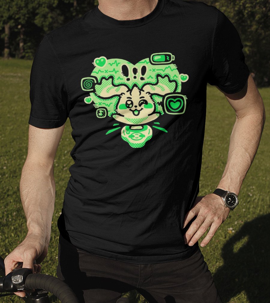 Terriermon Digimon Iconic Green Heartbeat Motif With Digital Symbols T-Shirt