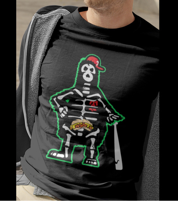 Phillie Phanatic Skeleton With Baseball Bat And Hot Dog Belly T-Shirt