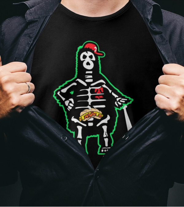 Phillie Phanatic Skeleton With Baseball Bat And Hot Dog Belly T-Shirt