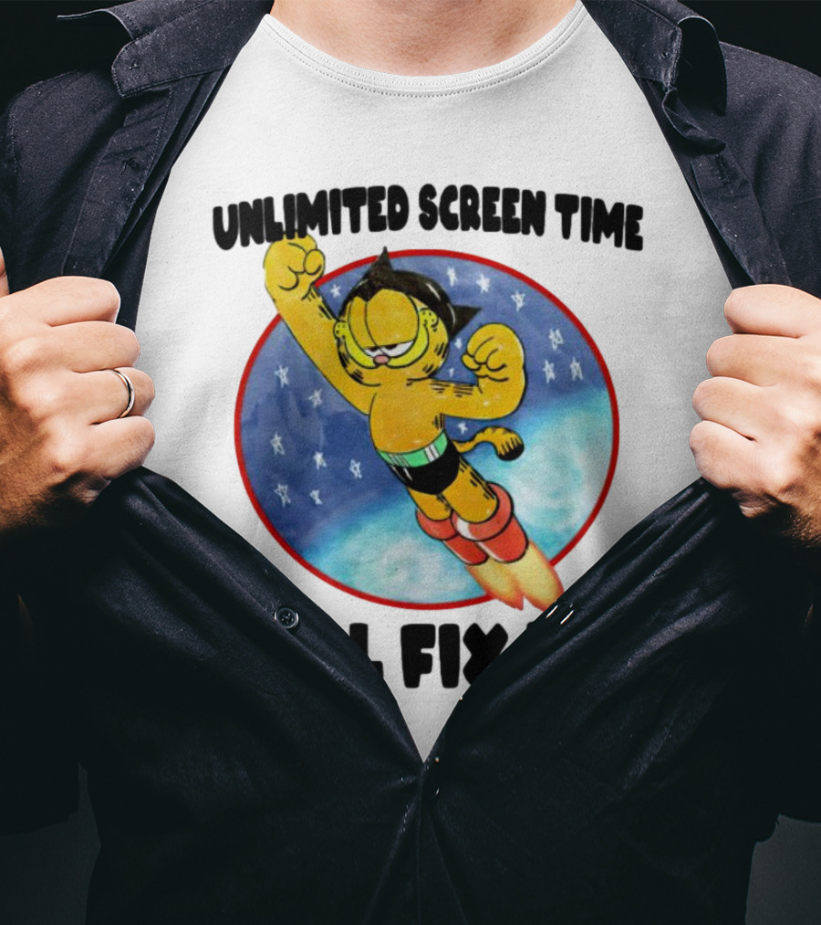 Unlimited Screen Time Will Fix Me Garfield Superhero Flight T-Shirt
