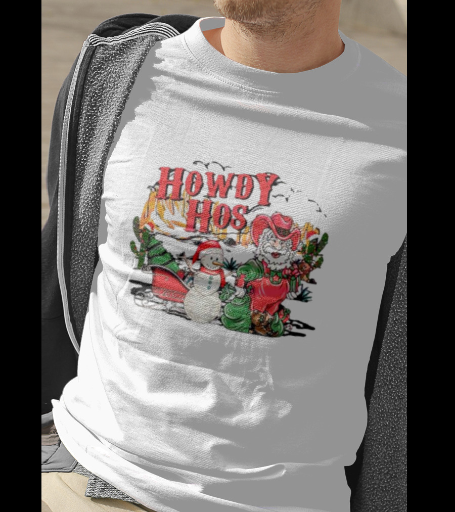 Howdy Hos Santa Snowman Sled Cowboy Christmas Scene T-Shirt