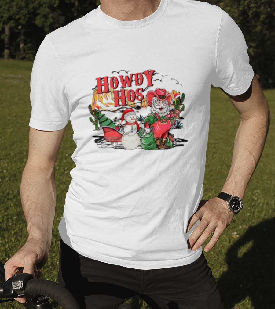 Howdy Hos Santa Snowman Sled Cowboy Christmas Scene T-Shirt