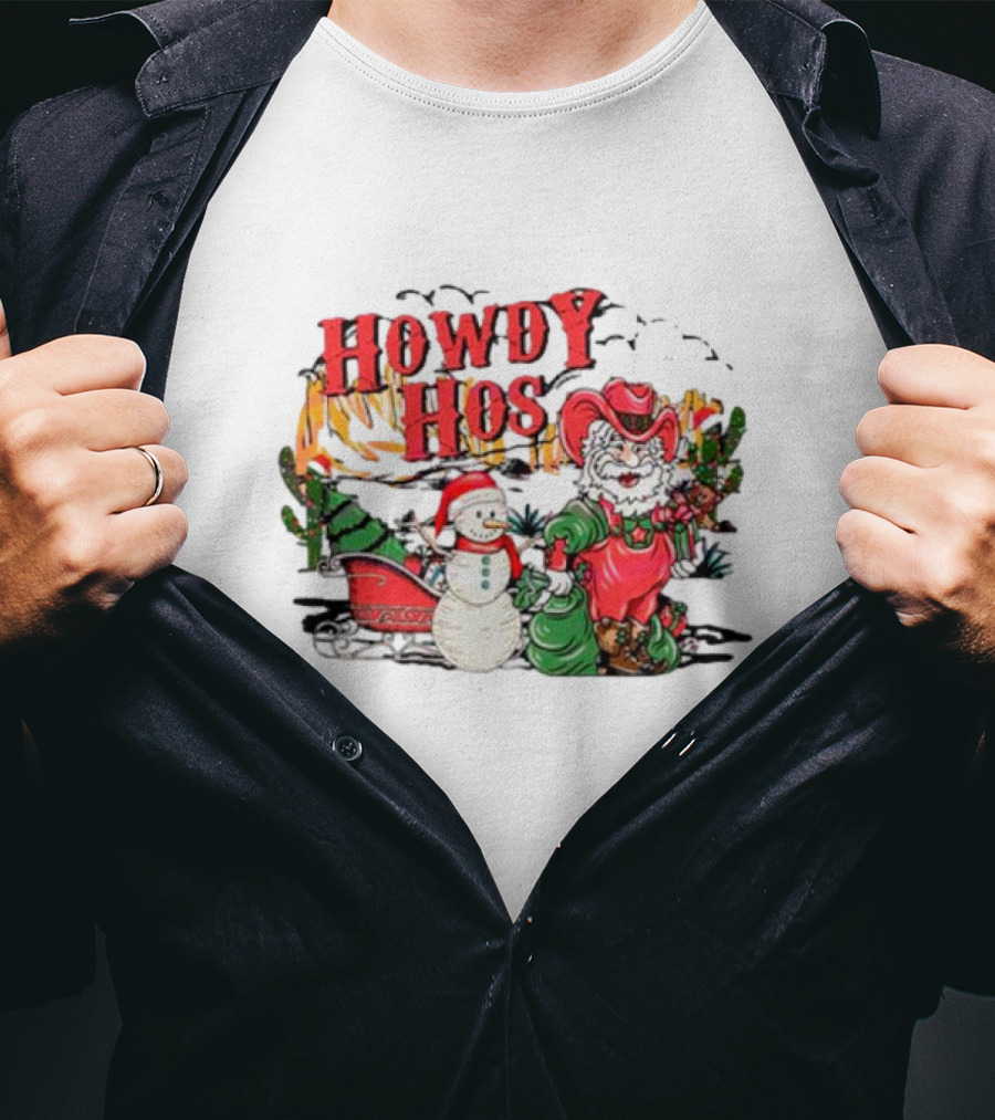 Howdy Hos Santa Snowman Sled Cowboy Christmas Scene T-Shirt