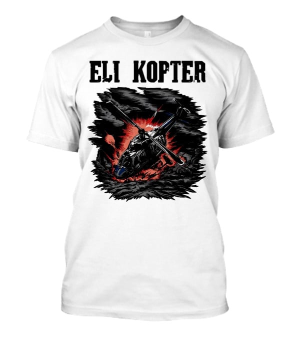 Eli Kopter Helicopter In Stormy Sky With Red Explosion T-Shirt