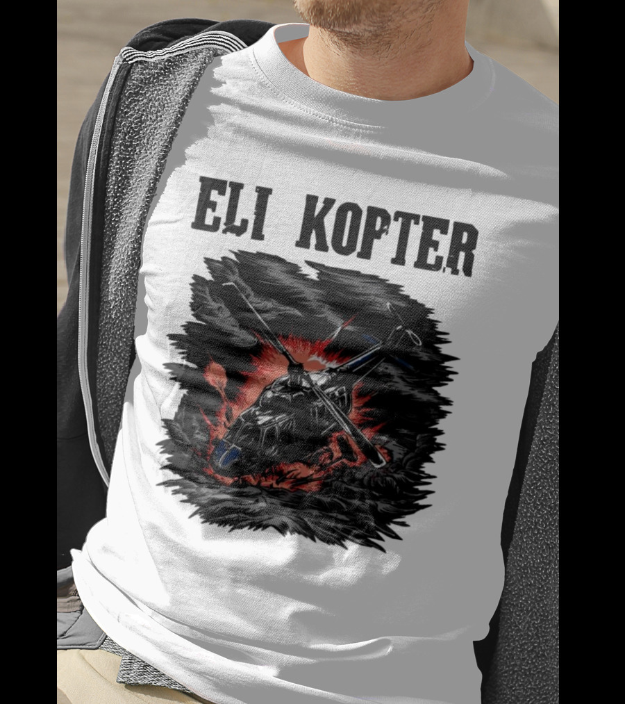 Eli Kopter Helicopter In Stormy Sky With Red Explosion T-Shirt