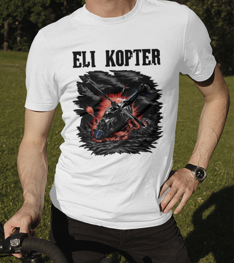Eli Kopter Helicopter In Stormy Sky With Red Explosion T-Shirt