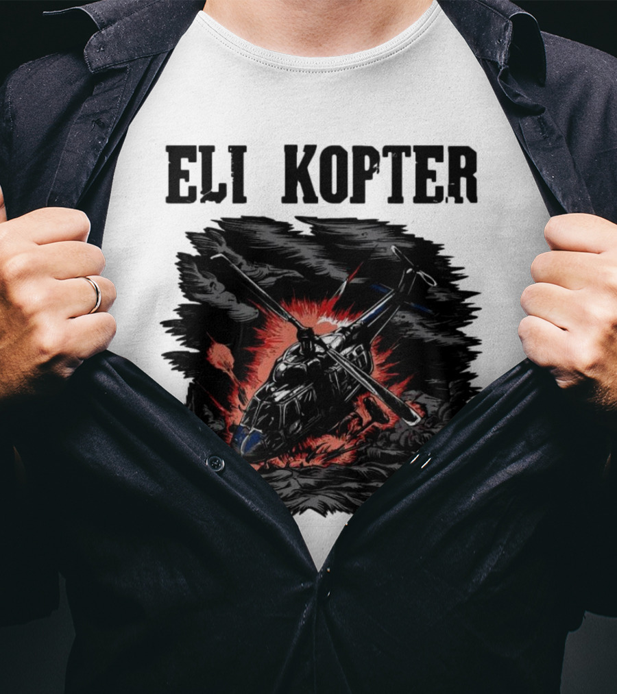 Eli Kopter Helicopter In Stormy Sky With Red Explosion T-Shirt