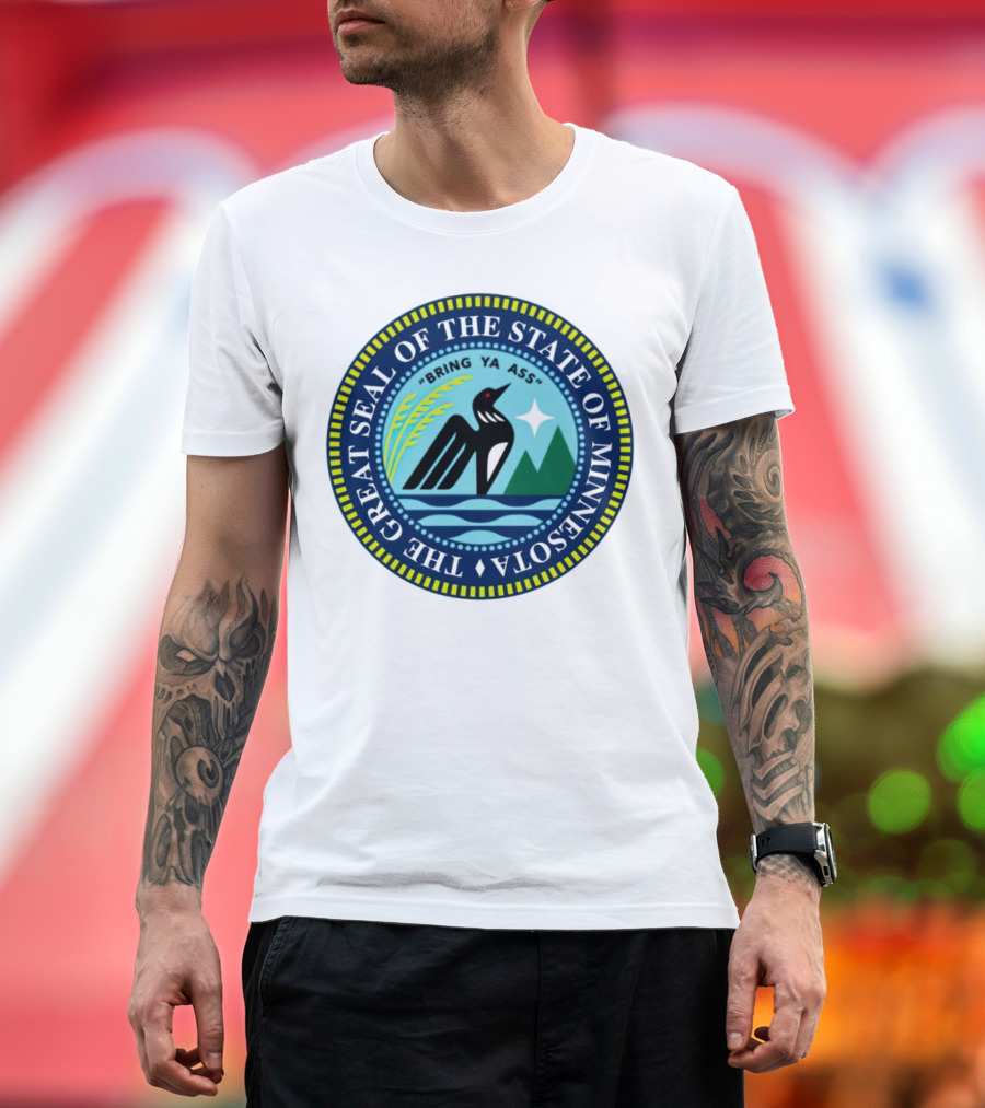 The Great Seal Of The State Of Minnesota Bring Ya Ass Black Bird Mountains Waves Star T-Shirt