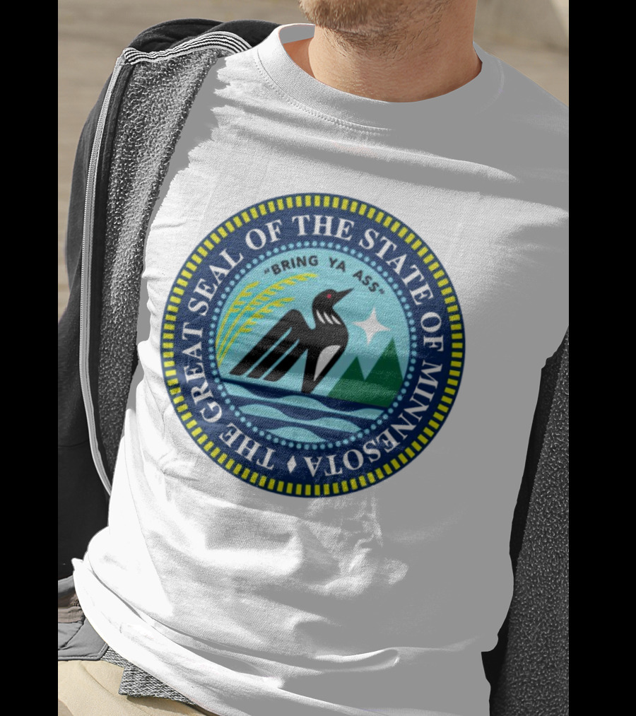 The Great Seal Of The State Of Minnesota Bring Ya Ass Black Bird Mountains Waves Star T-Shirt