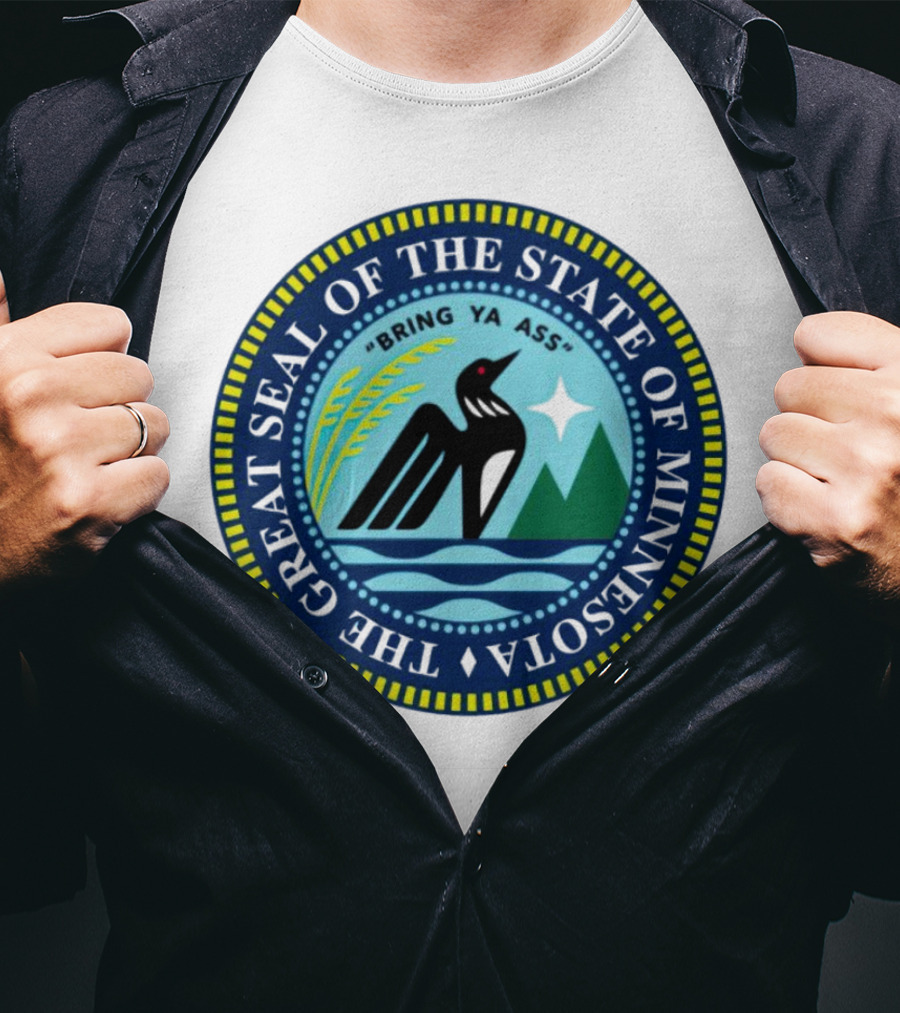 The Great Seal Of The State Of Minnesota Bring Ya Ass Black Bird Mountains Waves Star T-Shirt