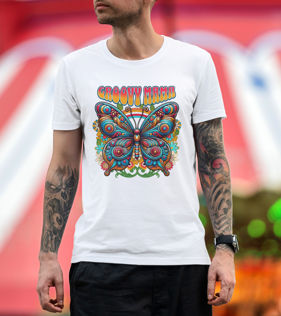 Groovy Mama Butterfly Psychedelic Floral Rainbow Retro T-Shirt