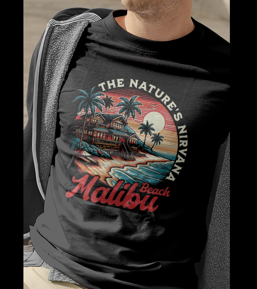 The Nature's Nirvana Malibu Beach Retro Sunset Scene T-Shirt