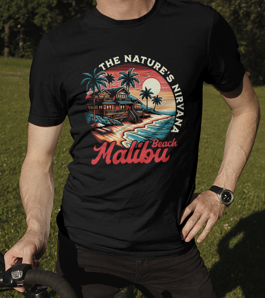 The Nature's Nirvana Malibu Beach Retro Sunset Scene T-Shirt
