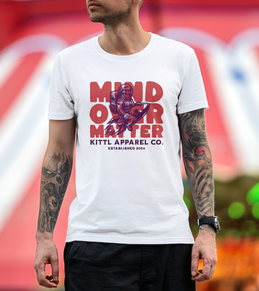 Mind Over Matter Kittl Apparel Co. Established 2024 Astronaut on Rocket Skeleton T-Shirt