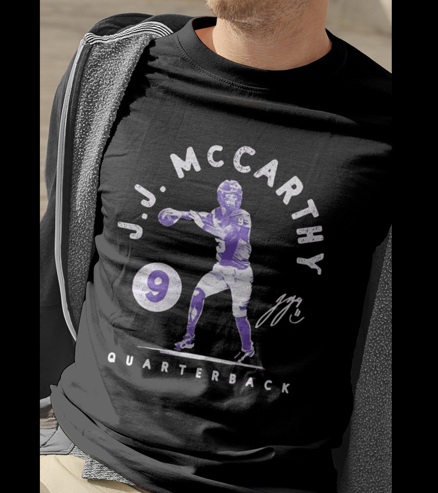 J.J. McCarthy Quarterback 9 Signature Football T-Shirt