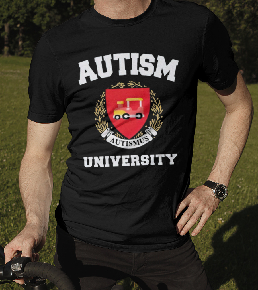 Autismus University Autism Joke Shield With Toy Car Crest T-Shirt