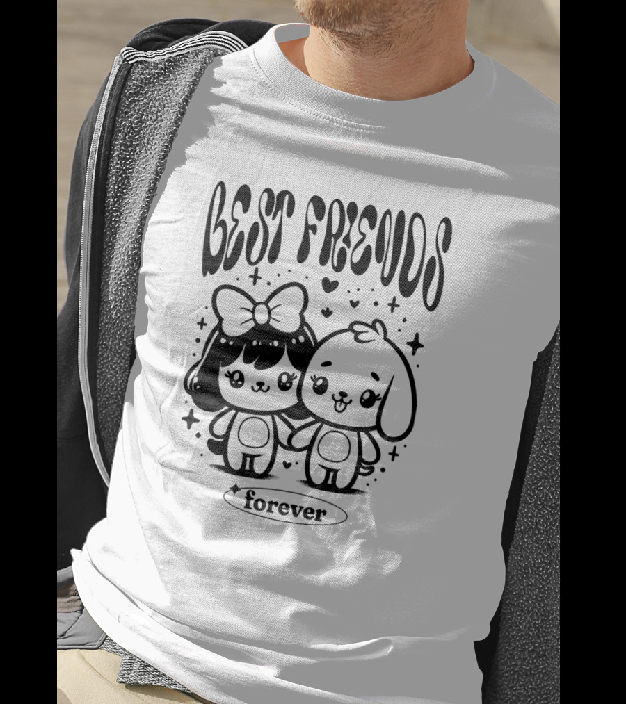 BEST FRIENDS FOREVER Cute Cartoon Characters Holding Hands With Hearts And Stars T-Shirt
