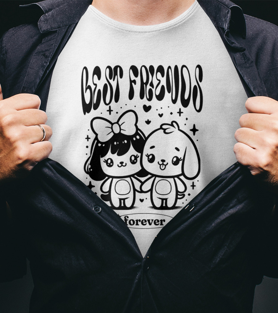 BEST FRIENDS FOREVER Cute Cartoon Characters Holding Hands With Hearts And Stars T-Shirt