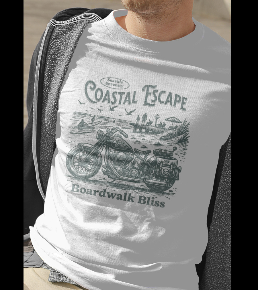 Seaside Serenity Coastal Escape Motorcycle Boardwalk Bliss T-Shirt