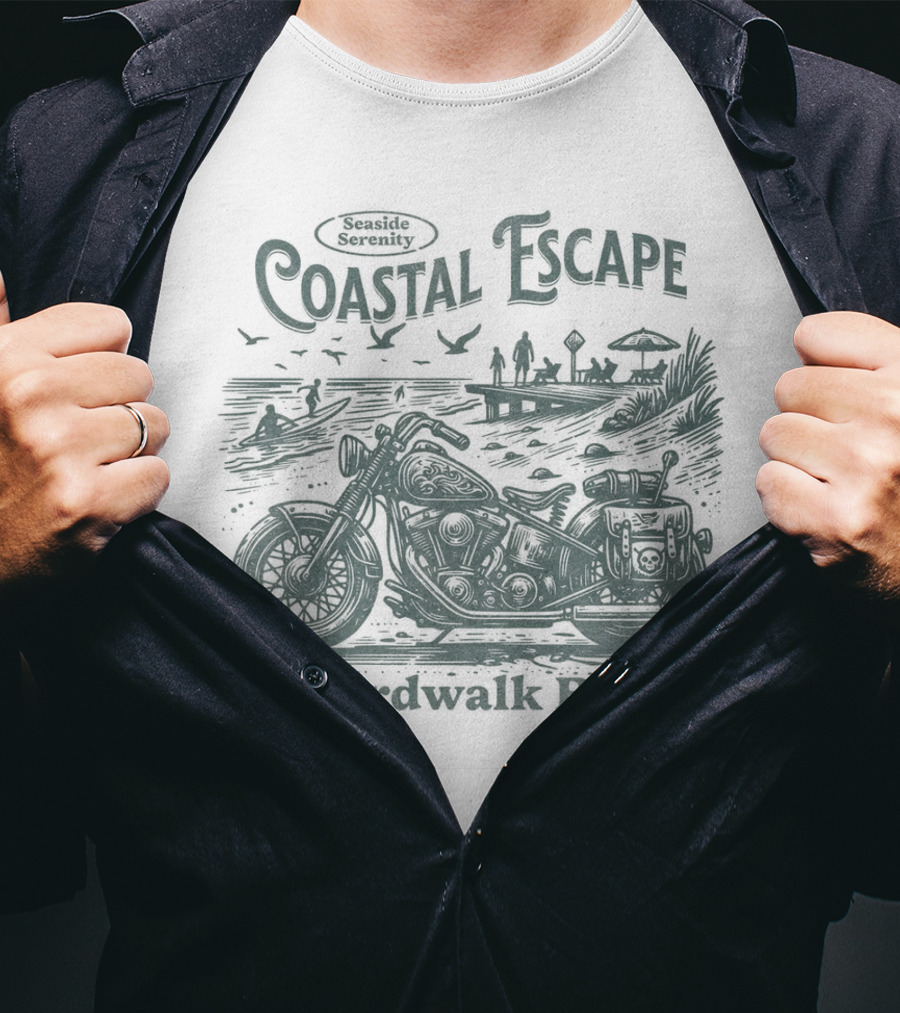 Seaside Serenity Coastal Escape Motorcycle Boardwalk Bliss T-Shirt