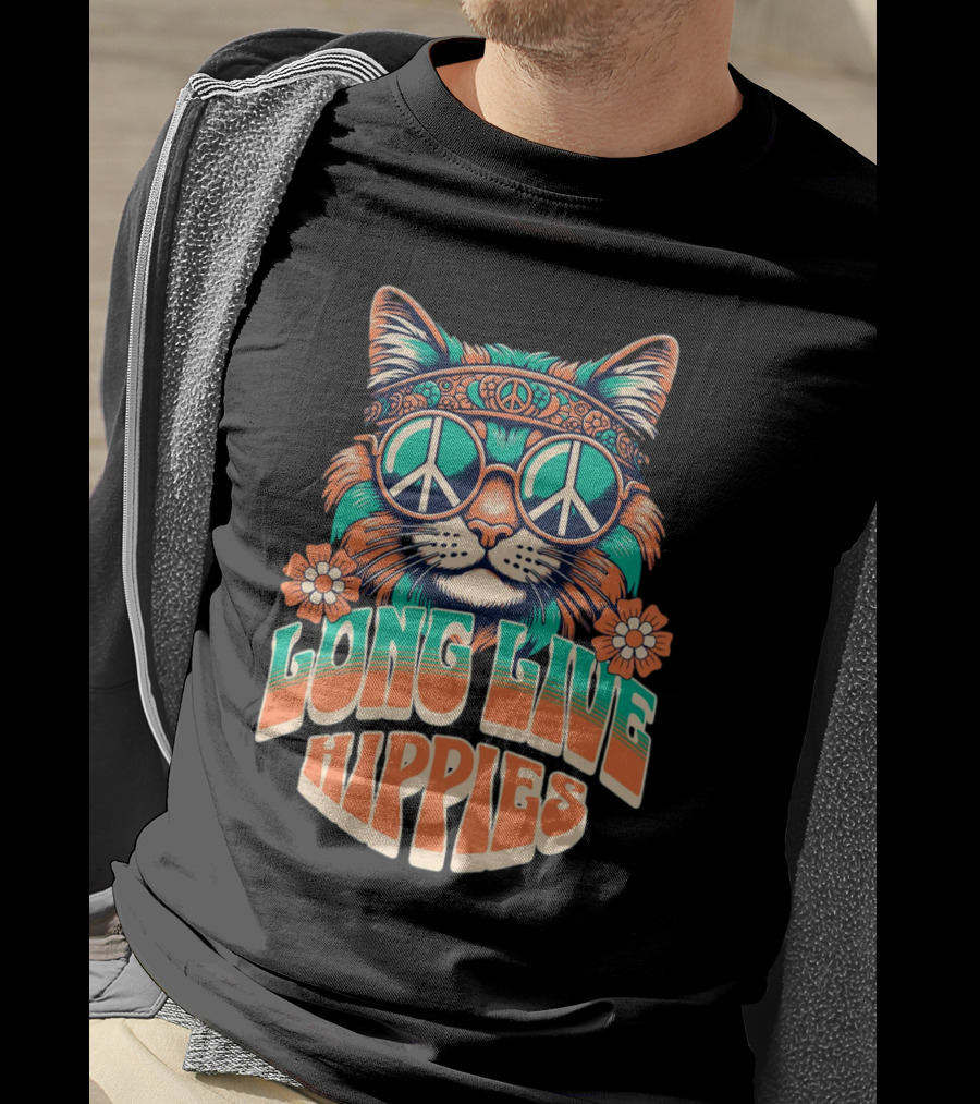 Long Live Hippies Cat With Peace Sign Glasses And Flowers T-Shirt