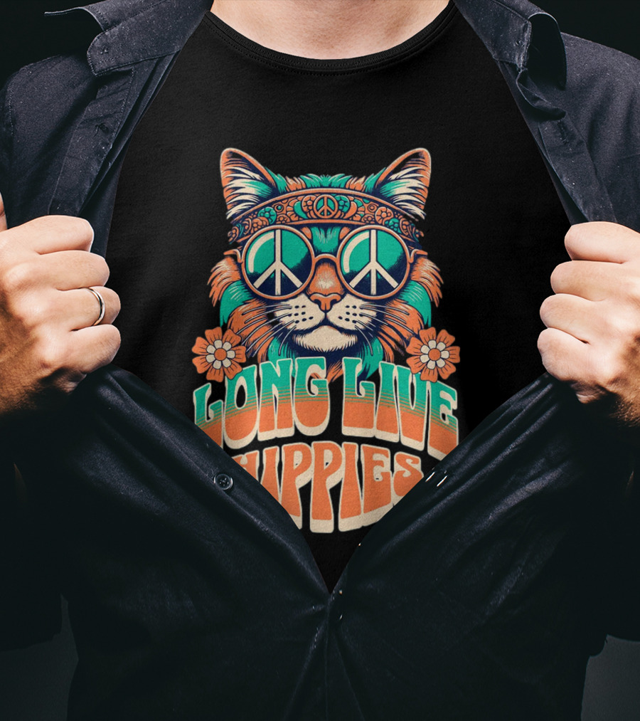 Long Live Hippies Cat With Peace Sign Glasses And Flowers T-Shirt