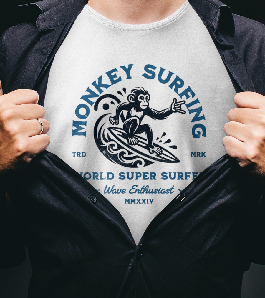 Monkey Surfing World Super Surfer Wave Enthusiast Mmxxiv Trd Mrk T-Shirt