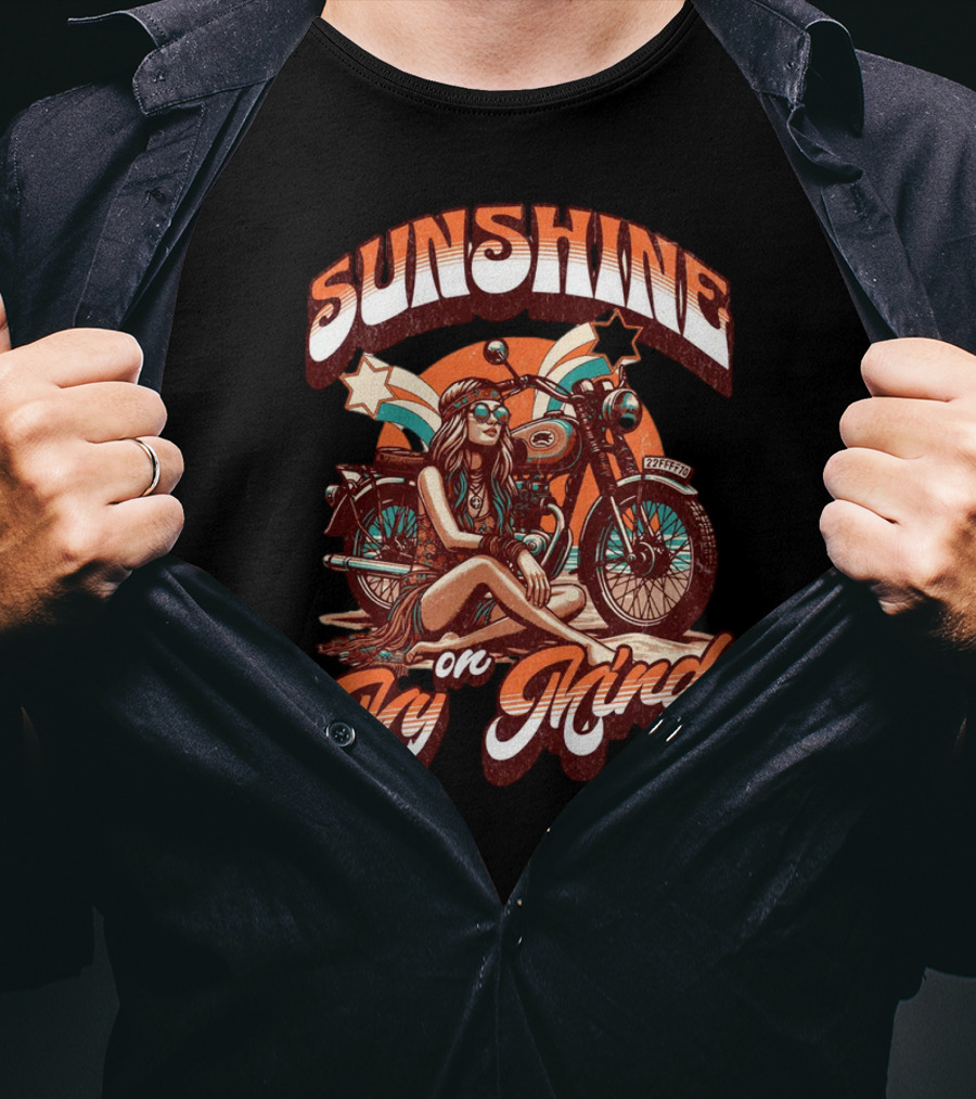 Sunshine On My Mind Hippie Motorcycle Sunset Retro Summer T-Shirt