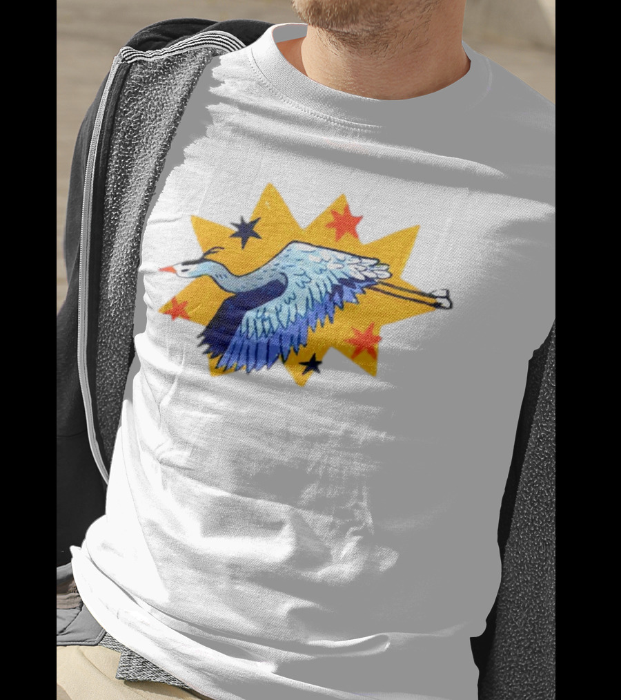 Grey Heron Flying Against Starry Yellow Burst T-Shirt