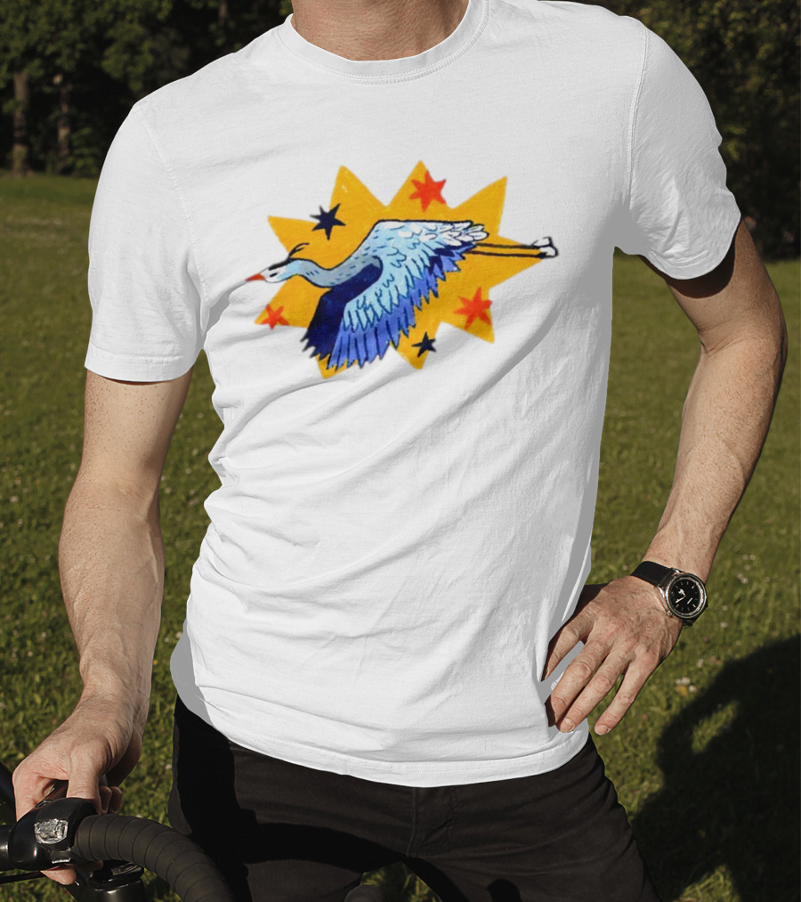 Grey Heron Flying Against Starry Yellow Burst T-Shirt