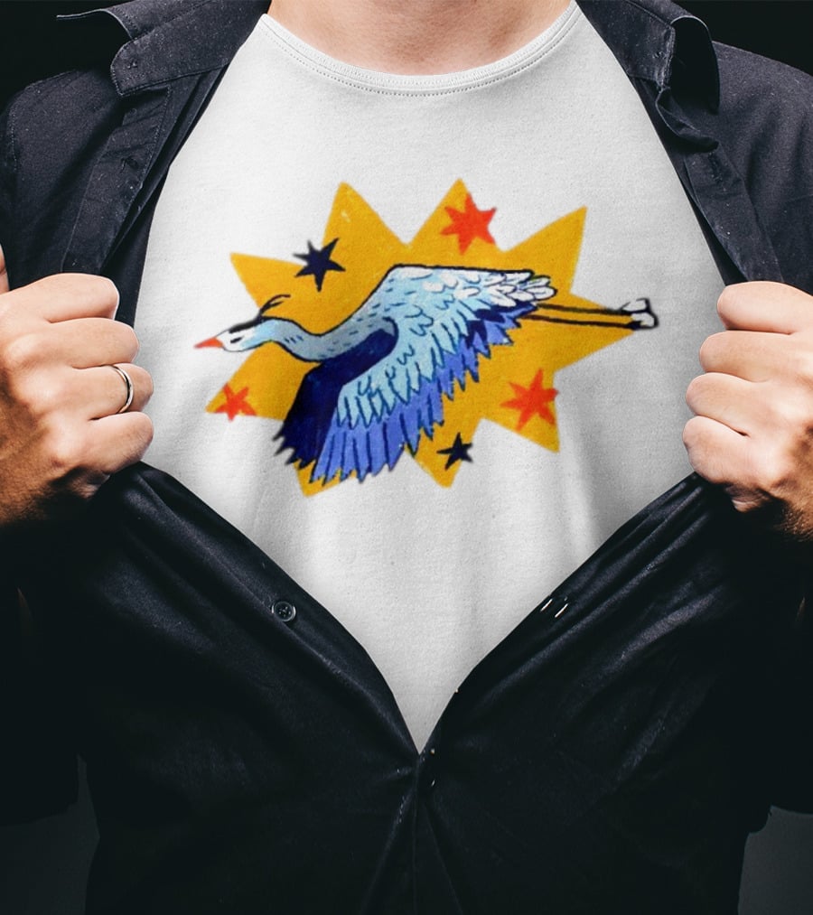 Grey Heron Flying Against Starry Yellow Burst T-Shirt