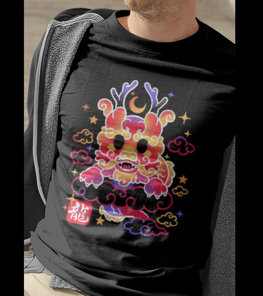 Kawaii Chinese Dragon With Colorful Clouds And Stars Asian Aesthetic T-Shirt