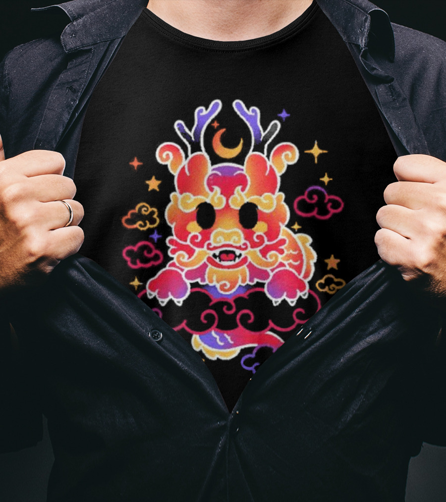 Kawaii Chinese Dragon With Colorful Clouds And Stars Asian Aesthetic T-Shirt