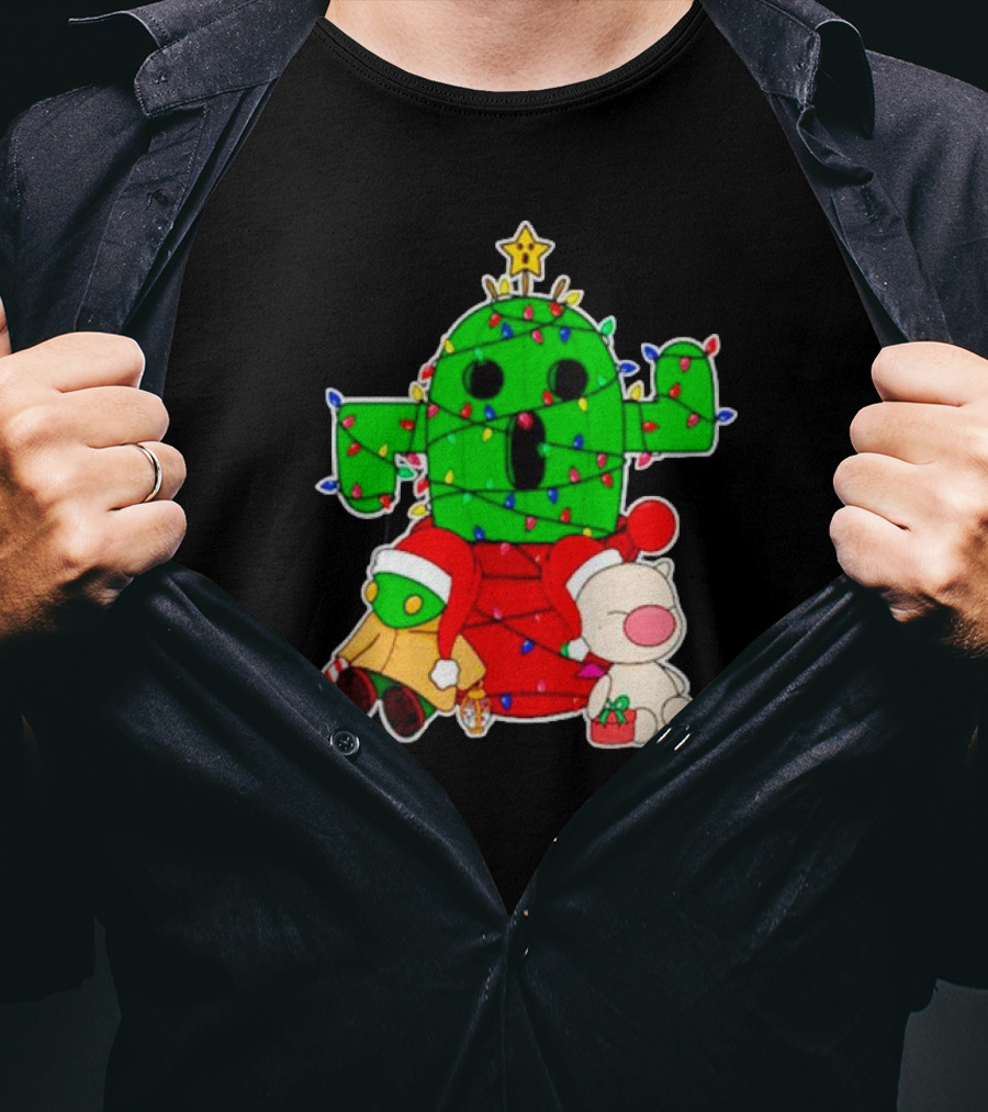 Funny Cactuar Christmas Lights With Moogle And Santa Costumes T-Shirt