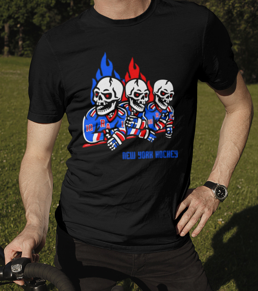 New York Rangers Skeleton Hockey Flames T-Shirt