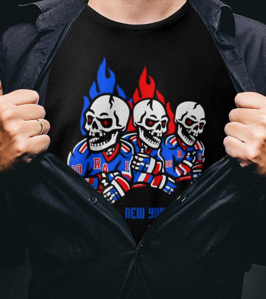 New York Rangers Skeleton Hockey Flames T-Shirt