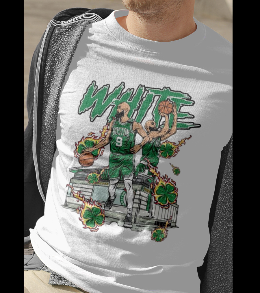 Boston Celtics White 9 Basketball Player With Shamrocks And Basketball Court T-Shirt