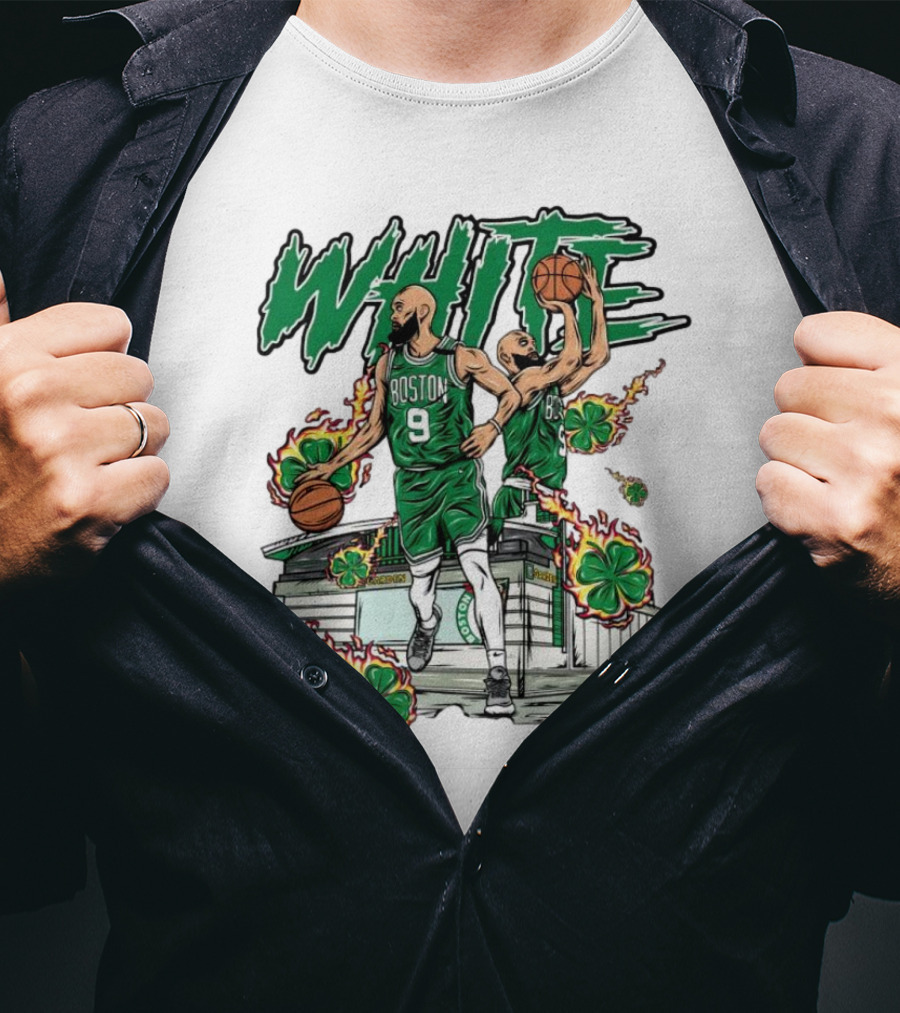Boston Celtics White 9 Basketball Player With Shamrocks And Basketball Court T-Shirt