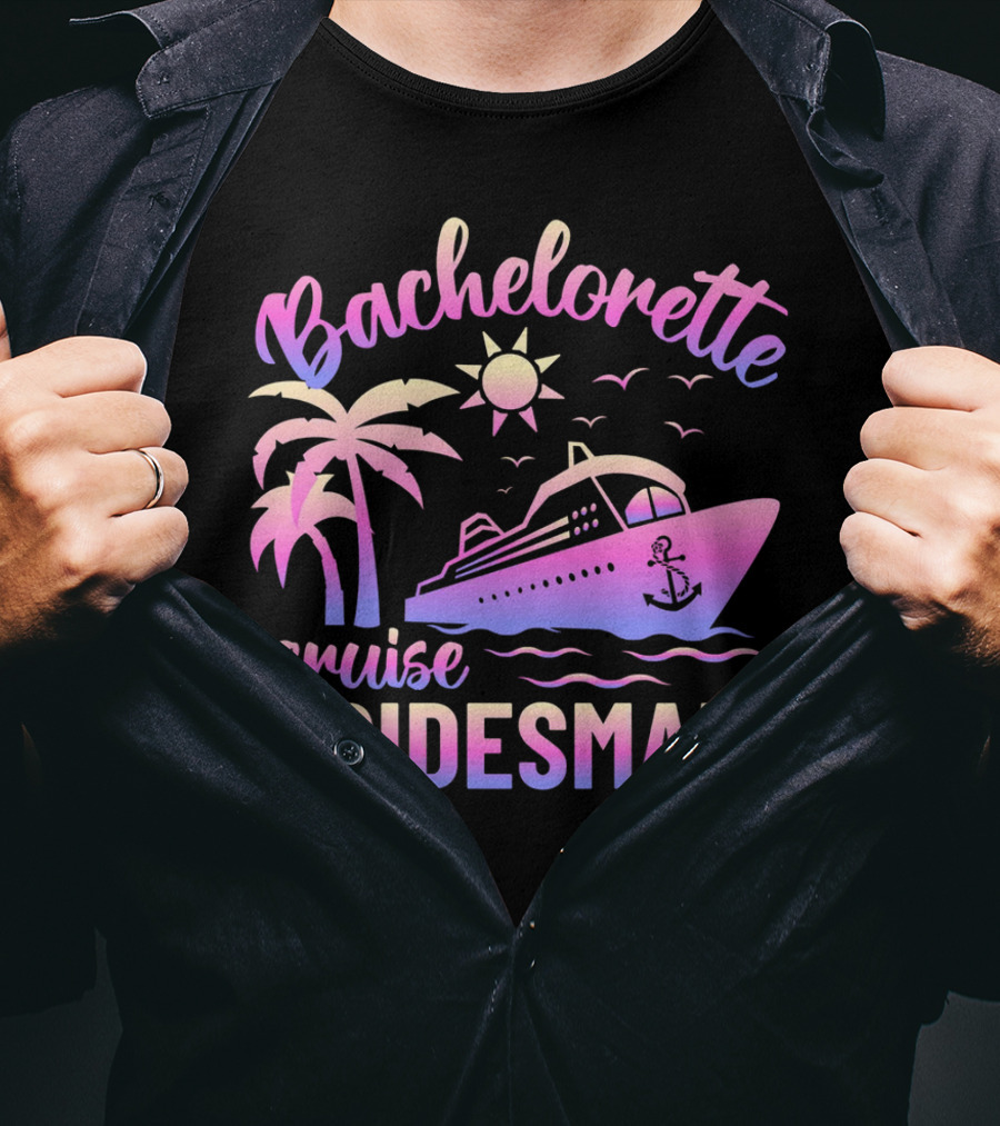 Bachelorette Cruise Bridesmaid Sun Palm Trees Anchor Ocean Waves T-Shirt
