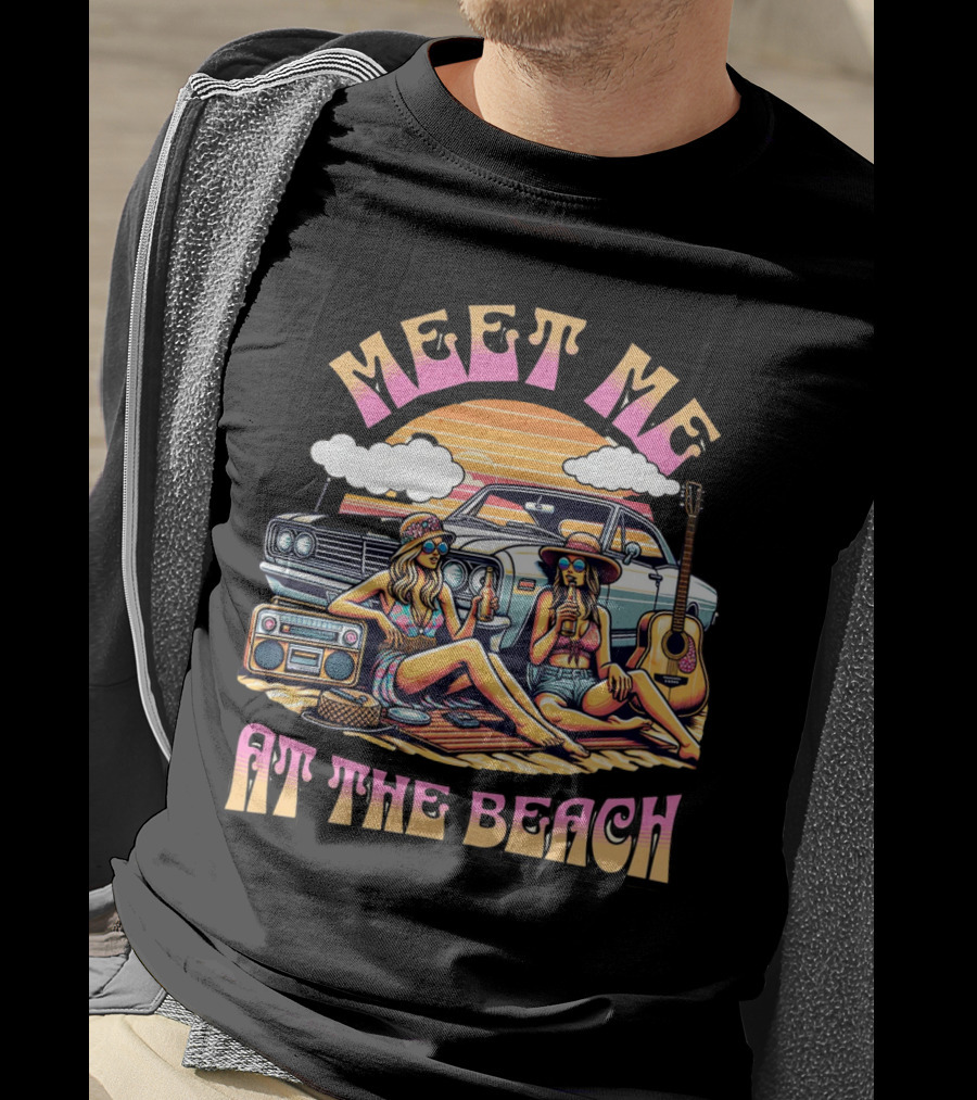Meet Me At The Beach Sunset Paradise With Classic Car And Guitar T-Shirt