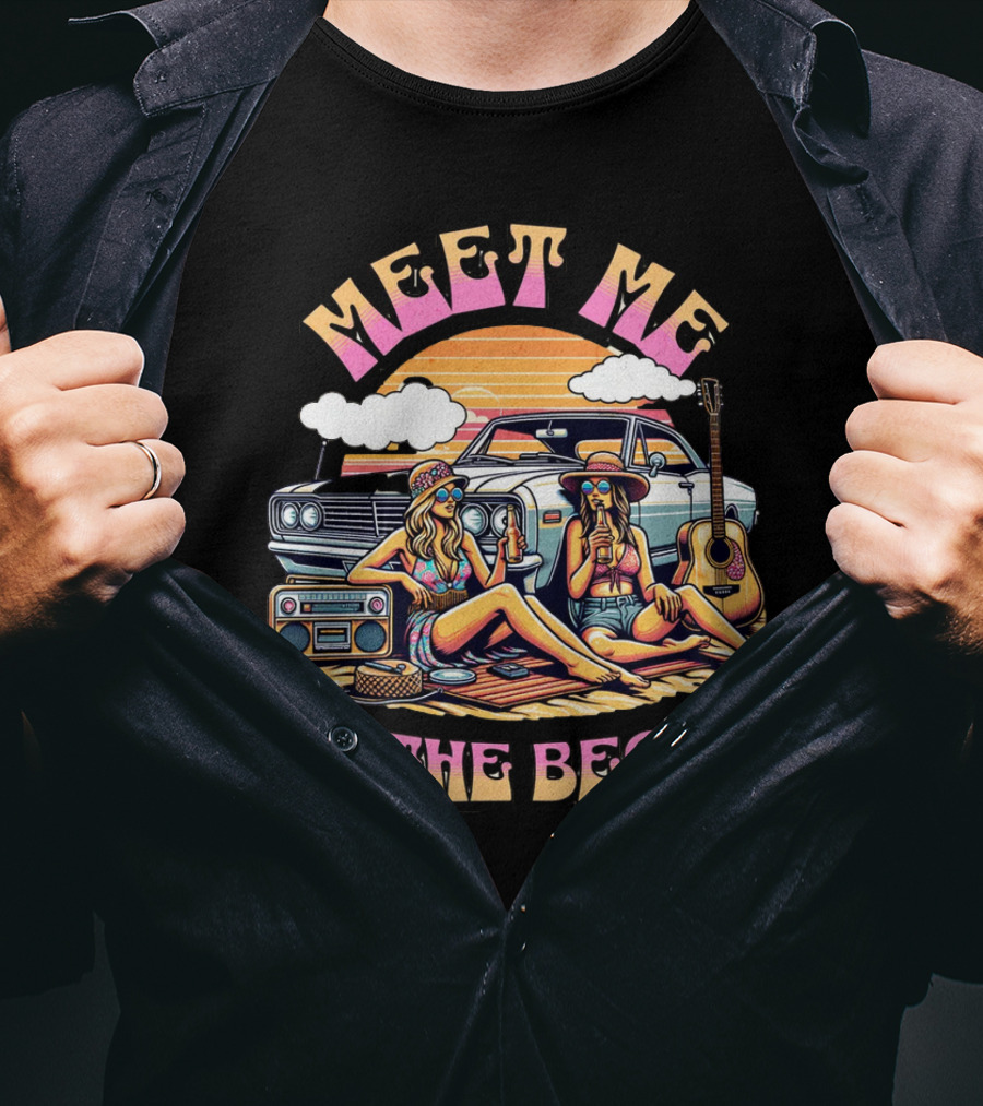 Meet Me At The Beach Sunset Paradise With Classic Car And Guitar T-Shirt