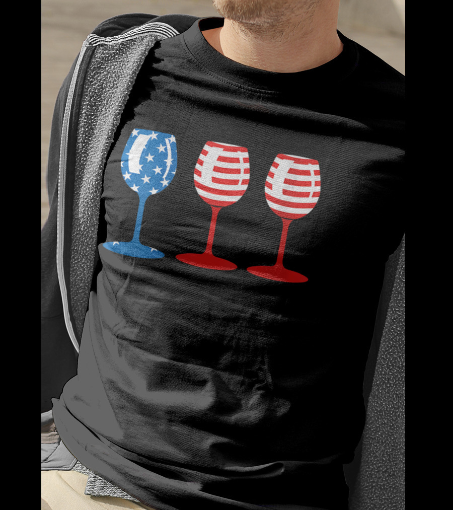 American Flag Fourth Of July Wine Glass Trio Stars And Stripes Patriotic T-Shirt
