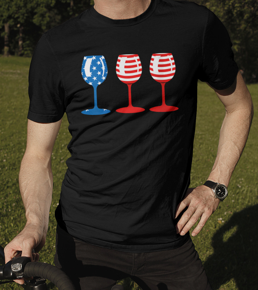 American Flag Fourth Of July Wine Glass Trio Stars And Stripes Patriotic T-Shirt