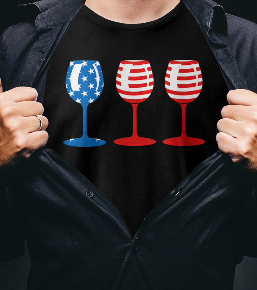 American Flag Fourth Of July Wine Glass Trio Stars And Stripes Patriotic T-Shirt